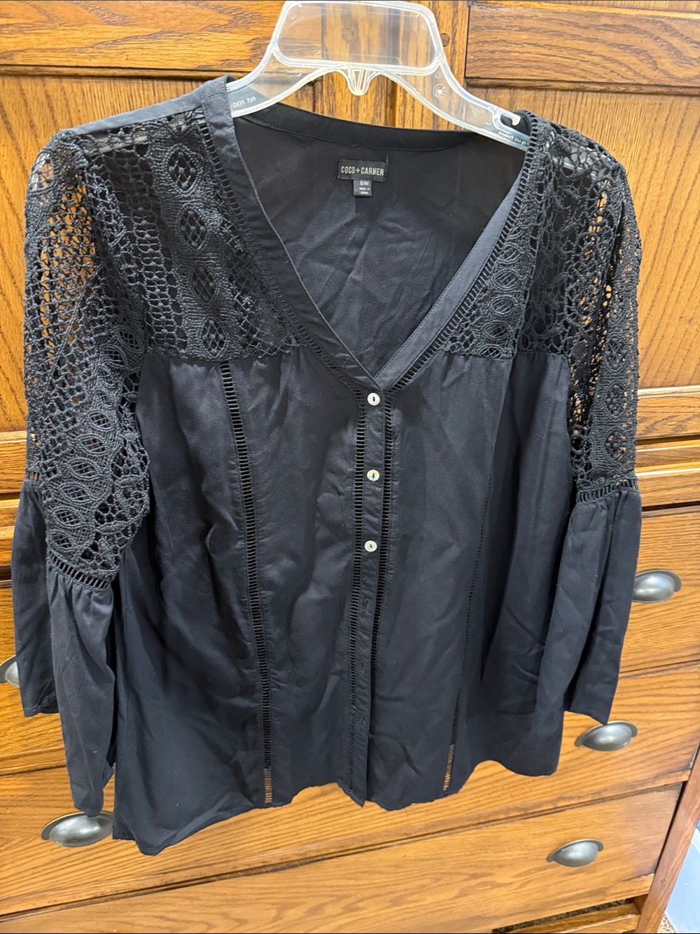 NWOT Black Blouse with Crochet Sleeve, Button-Front, bell sleeve